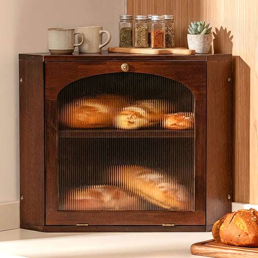 CheerNesr Solid Wood Corner Bread Box for Kitchen Countertop, Double Layer Large Bread Storage Container for Homemade Bread, Adjustable Shelf & Arched Window, Vintage Farmhouse Corner Breadbox, Brown