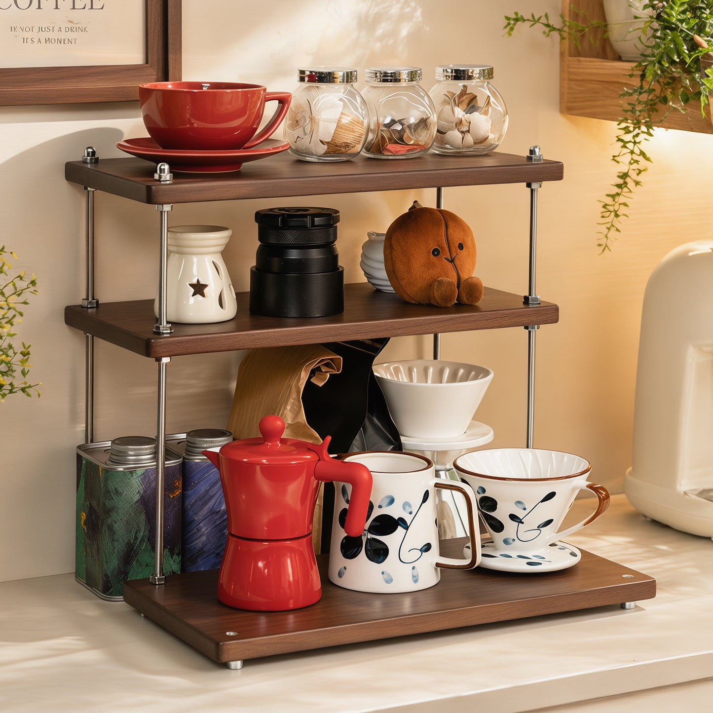 CheerNest Solid Wood Coffee Station Organizer & Spice Rack for Kitchen Countertop, Corner 3 Tier Industrial Heavy-duty Adjustable Shelf with 304 Thread Rod for Coffee Bar Accessories, Walnut Finish