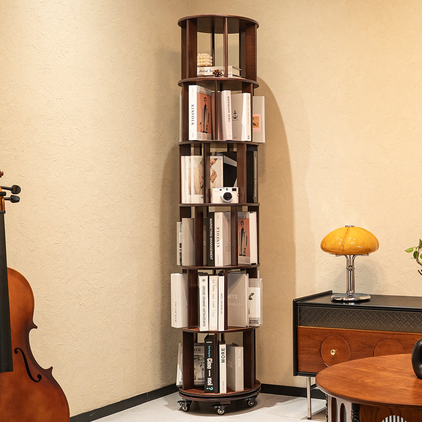 CheerNest 6 Tier Solid Wood Rotating Bookshelf Tower, 360° Spinning Bookshelf with Lockable Wheels for Small Spaces, Corner Tall Floor Standing Round Bookcase for Bedroom, Study, Living Room, Walnut