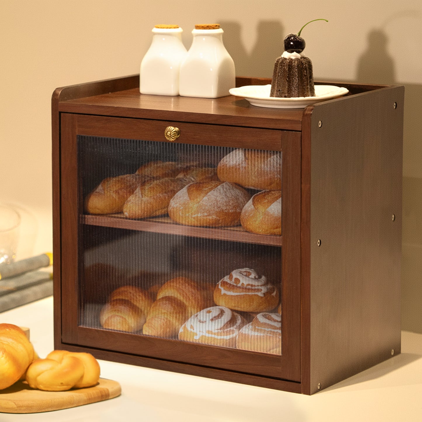 CheerNest Solid Wood Bread Box for Kitchen Countertop with 50 Deli Papers, Double Layer Large Capacity Wooden Breadbox Container Storage Bin, Vintage Farmhouse Bread Keeper, Brown