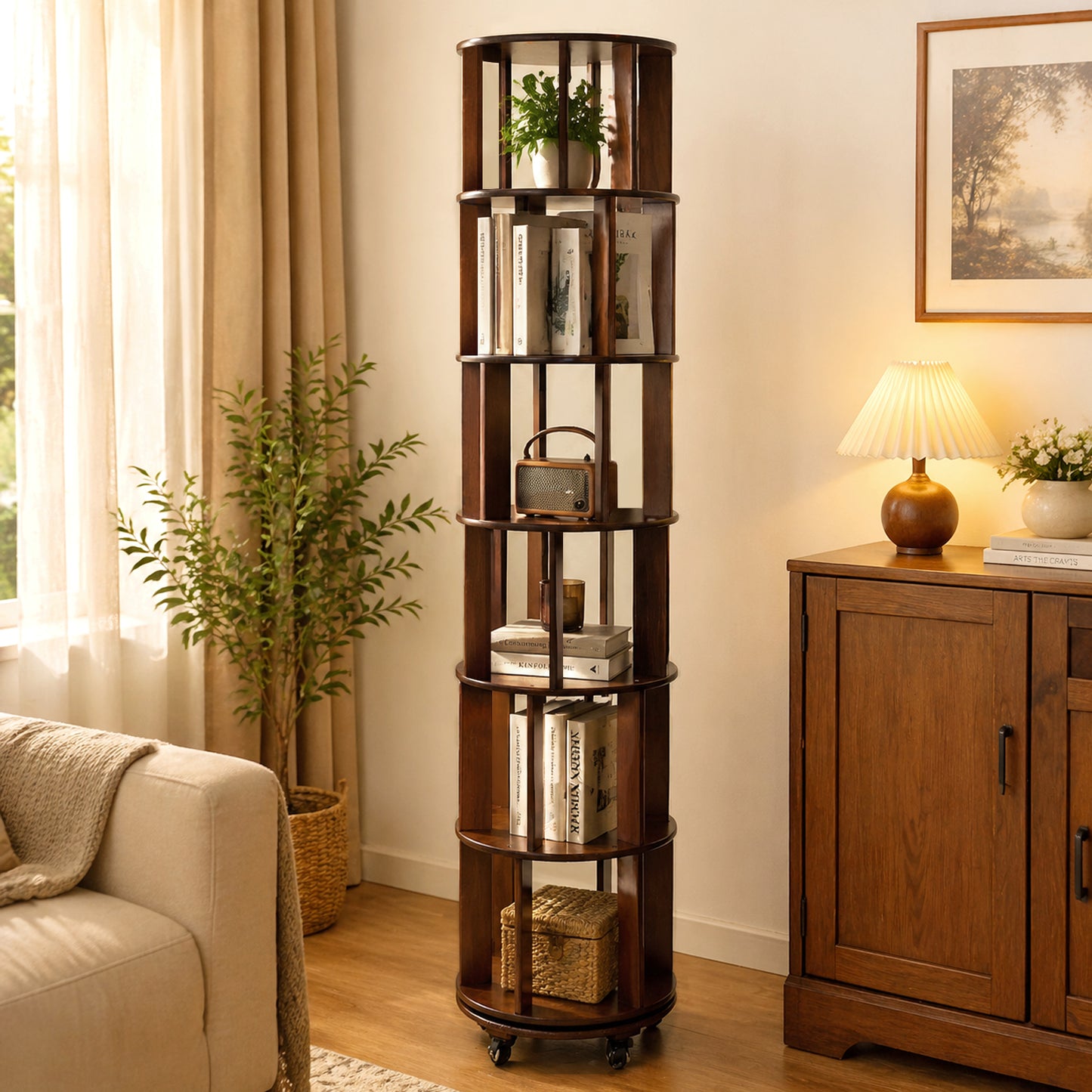 CheerNest 6 Tier Solid Wood Rotating Bookshelf Tower, 360° Spinning Bookshelf with Lockable Wheels for Small Spaces, Corner Tall Floor Standing Round Bookcase for Bedroom, Study, Living Room, Walnut