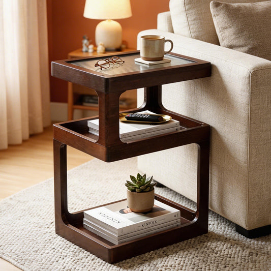 CheerNest Solid Wood Side Table for Living Room, Narrow 3-Tier End Table with Fluted Acrylic Top, Retro Geometric Accent Table with Open Storage for Couch & Small Spaces, Brown (100% Pine)