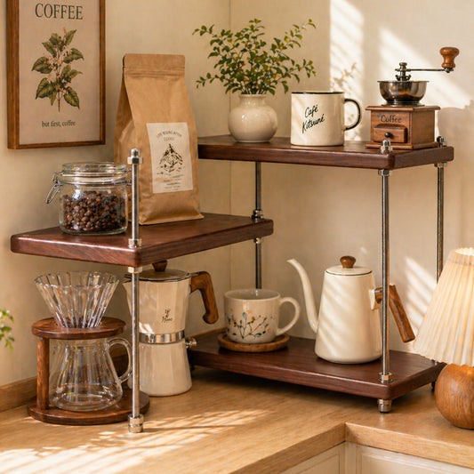 CheerNest Ultra-Thick 24mm Solid Wood Coffee Station Organizer&Spice Rack for Kitchen Countertop, Corner Industrial 3-Tier Adjustable Shelf with 10mm 304 Thread Rods for Espresso Gear, Walnut Finish