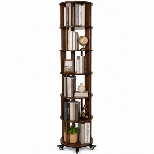 CheerNest 6 Tier Solid Wood Rotating Bookshelf Tower, 360° Spinning Bookshelf with Lockable Wheels for Small Spaces, Corner Tall Floor Standing Round Bookcase for Bedroom, Study, Living Room, Walnut