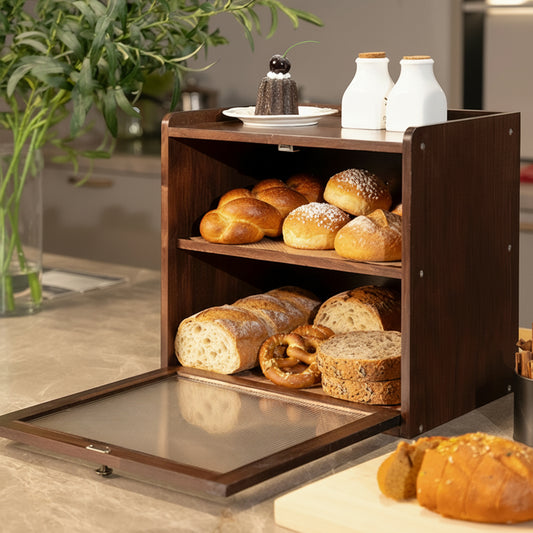 CheerNest Solid Wood Bread Box for Kitchen Countertop with 50 Deli Papers, Double Layer Large Capacity Wooden Breadbox Container Storage Bin, Vintage Farmhouse Bread Keeper, Brown
