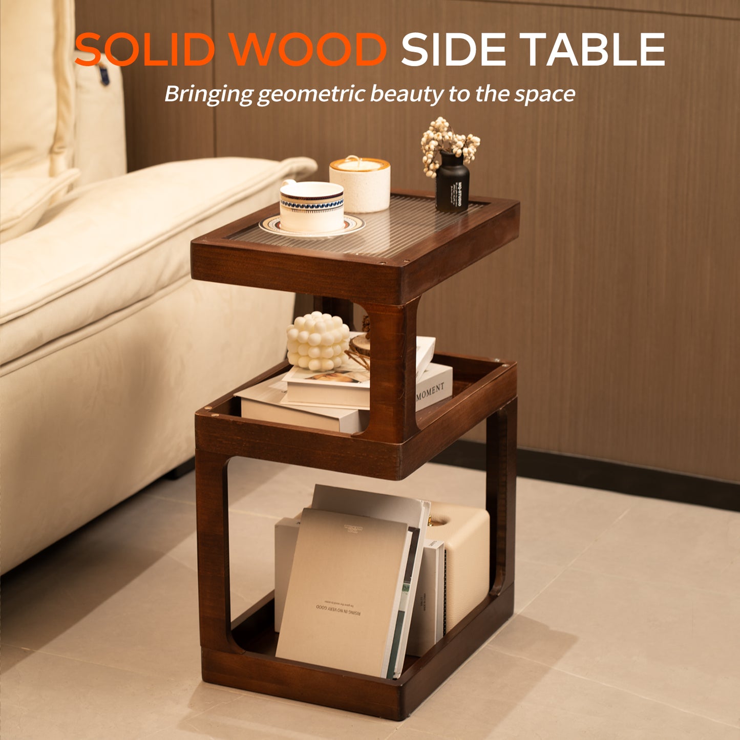CheerNest Solid Wood Side Table for Living Room, Narrow 3-Tier End Table with Fluted Acrylic Top, Retro Geometric Accent Table with Open Storage for Couch & Small Spaces, Brown (100% Pine)