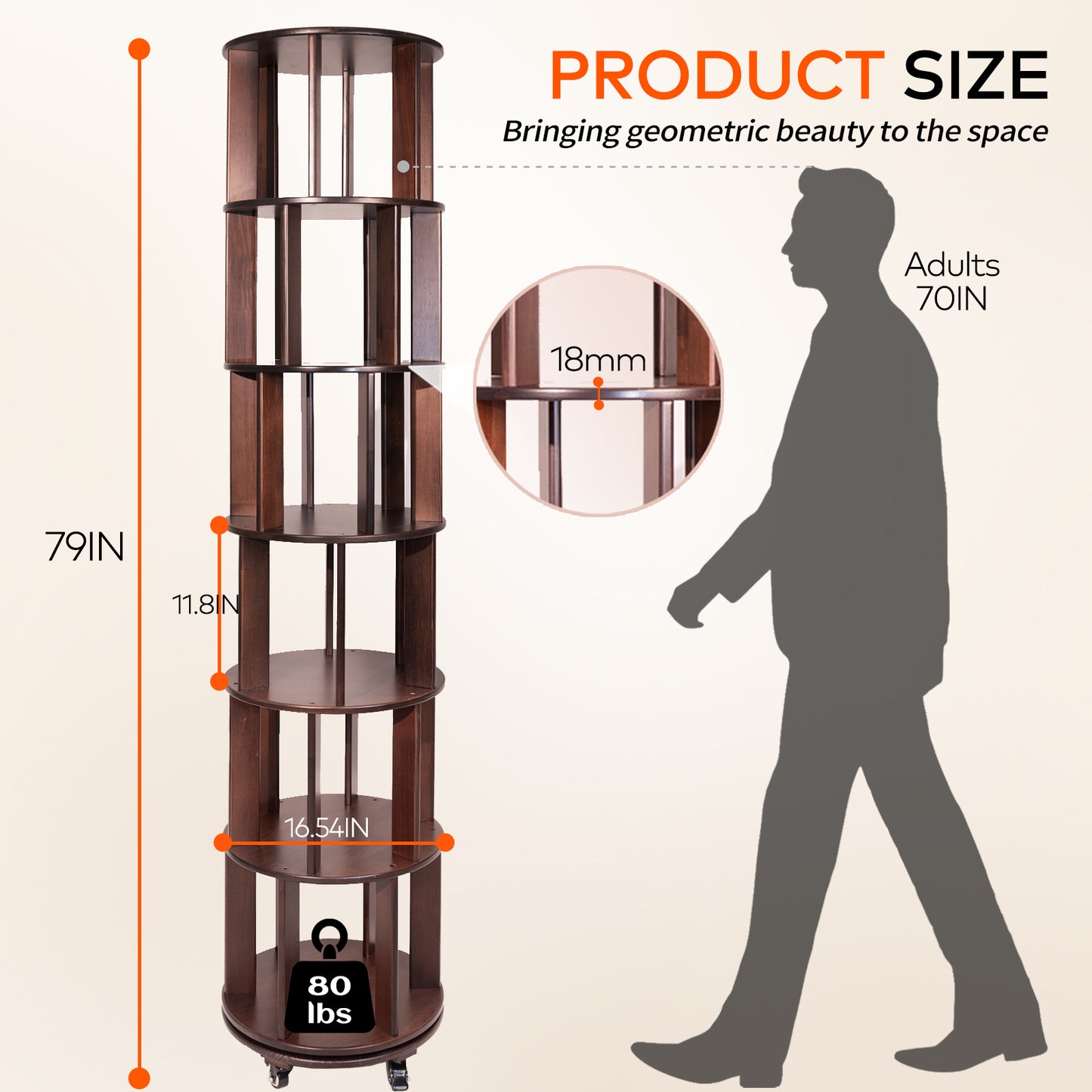 CheerNest 6 Tier Solid Wood Rotating Bookshelf Tower, 360° Spinning Bookshelf with Lockable Wheels for Small Spaces, Corner Tall Floor Standing Round Bookcase for Bedroom, Study, Living Room, Walnut