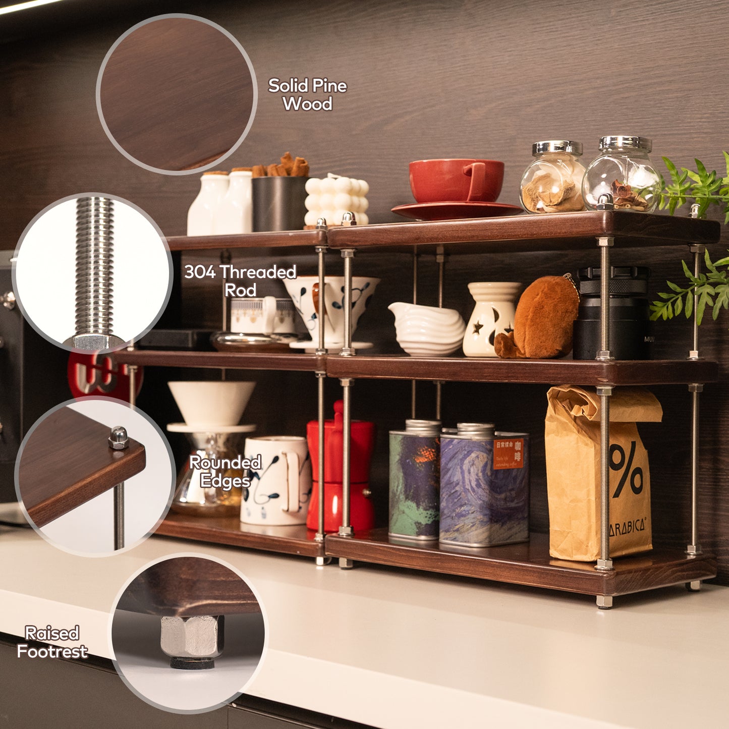 CheerNest Ultra-Thick 24mm Solid Wood Coffee Station Organizer&Spice Rack for Kitchen Countertop, Corner Industrial 3-Tier Adjustable Shelf with 10mm 304 Thread Rods for Espresso Gear, Walnut Finish
