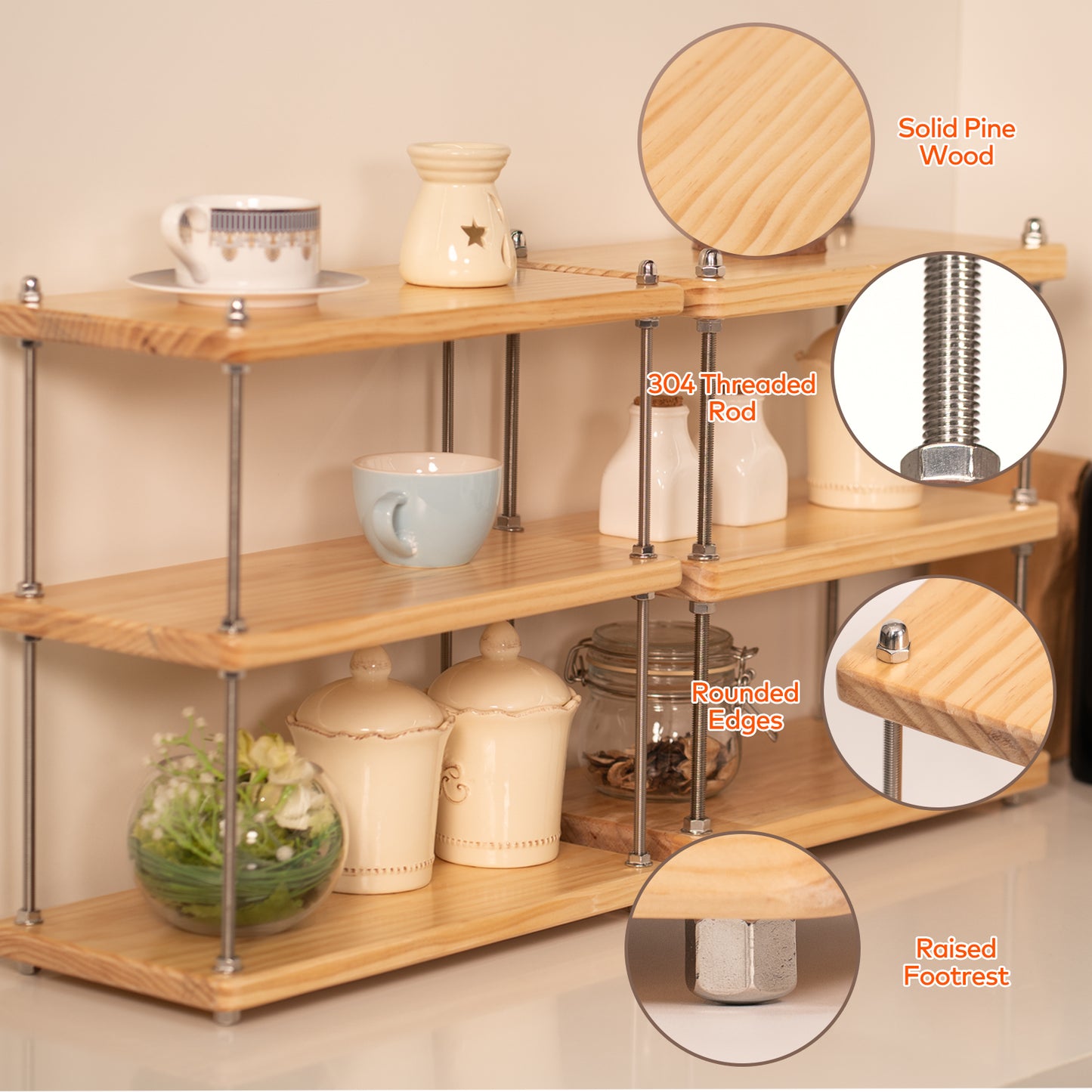 CheerNest Ultra-Thick 24mm Solid Wood Coffee Station Organizer&Spice Rack for Kitchen Countertop, Corner Industrial 3-Tier Adjustable Shelf with 10mm 304 Thread Rods for Heavy Espresso Gear, Natural