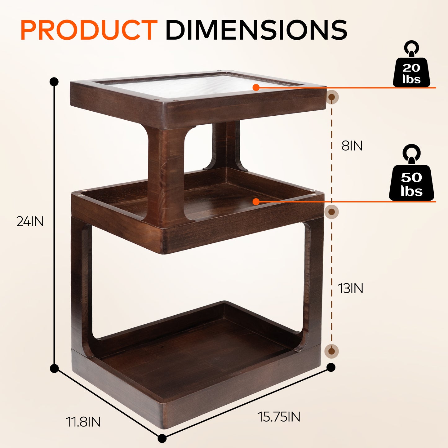 CheerNest Solid Wood Side Table for Living Room, Narrow 3-Tier End Table with Fluted Acrylic Top, Retro Geometric Accent Table with Open Storage for Couch & Small Spaces, Brown (100% Pine)