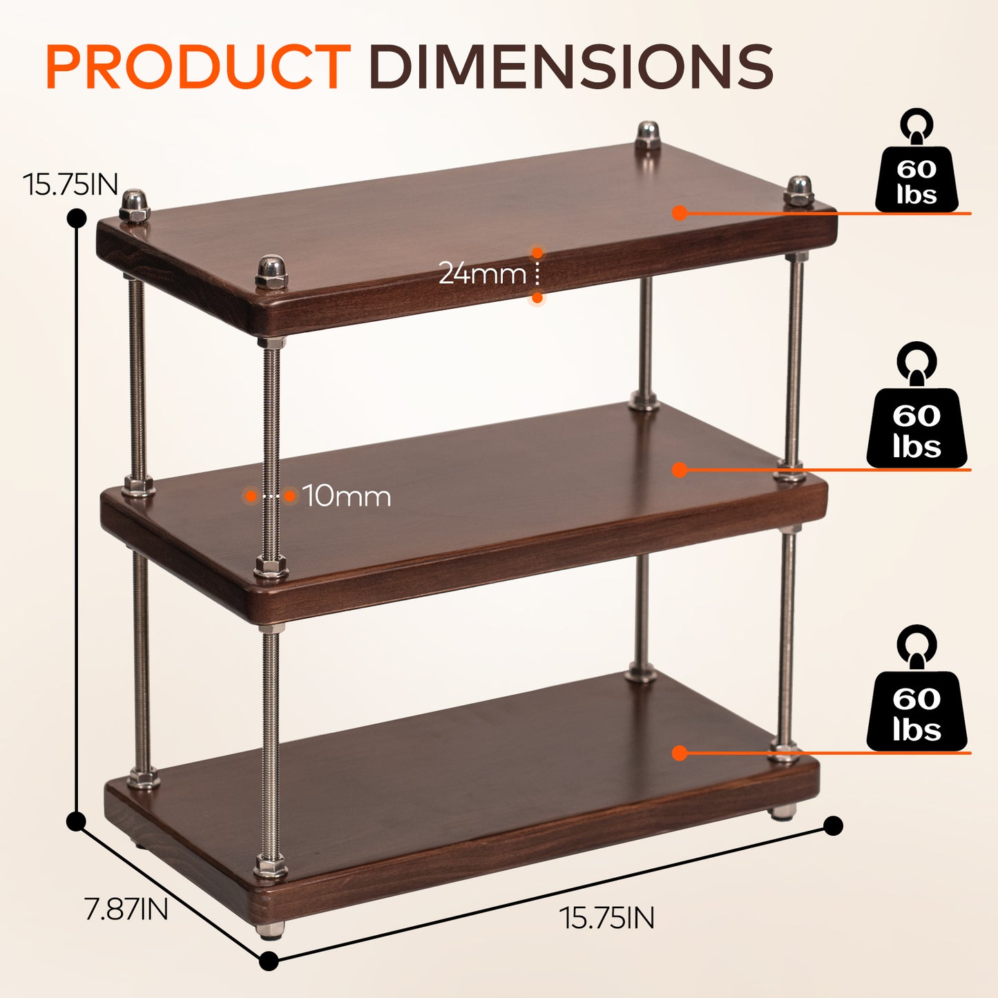 CheerNest Ultra-Thick 24mm Solid Wood Coffee Station Organizer&Spice Rack for Kitchen Countertop, Corner Industrial 3-Tier Adjustable Shelf with 10mm 304 Thread Rods for Espresso Gear, Walnut Finish