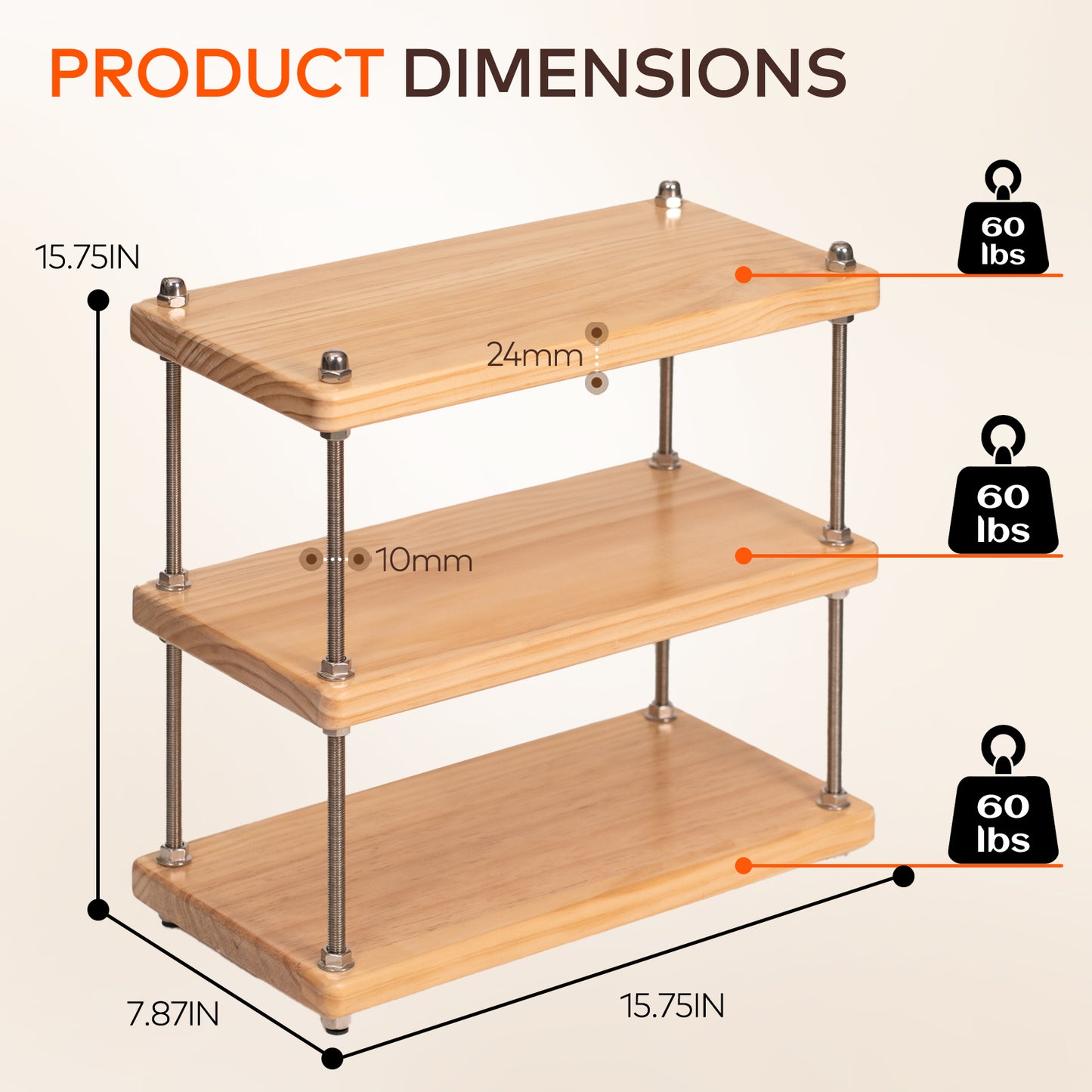 CheerNest Ultra-Thick 24mm Solid Wood Coffee Station Organizer&Spice Rack for Kitchen Countertop, Corner Industrial 3-Tier Adjustable Shelf with 10mm 304 Thread Rods for Heavy Espresso Gear, Natural