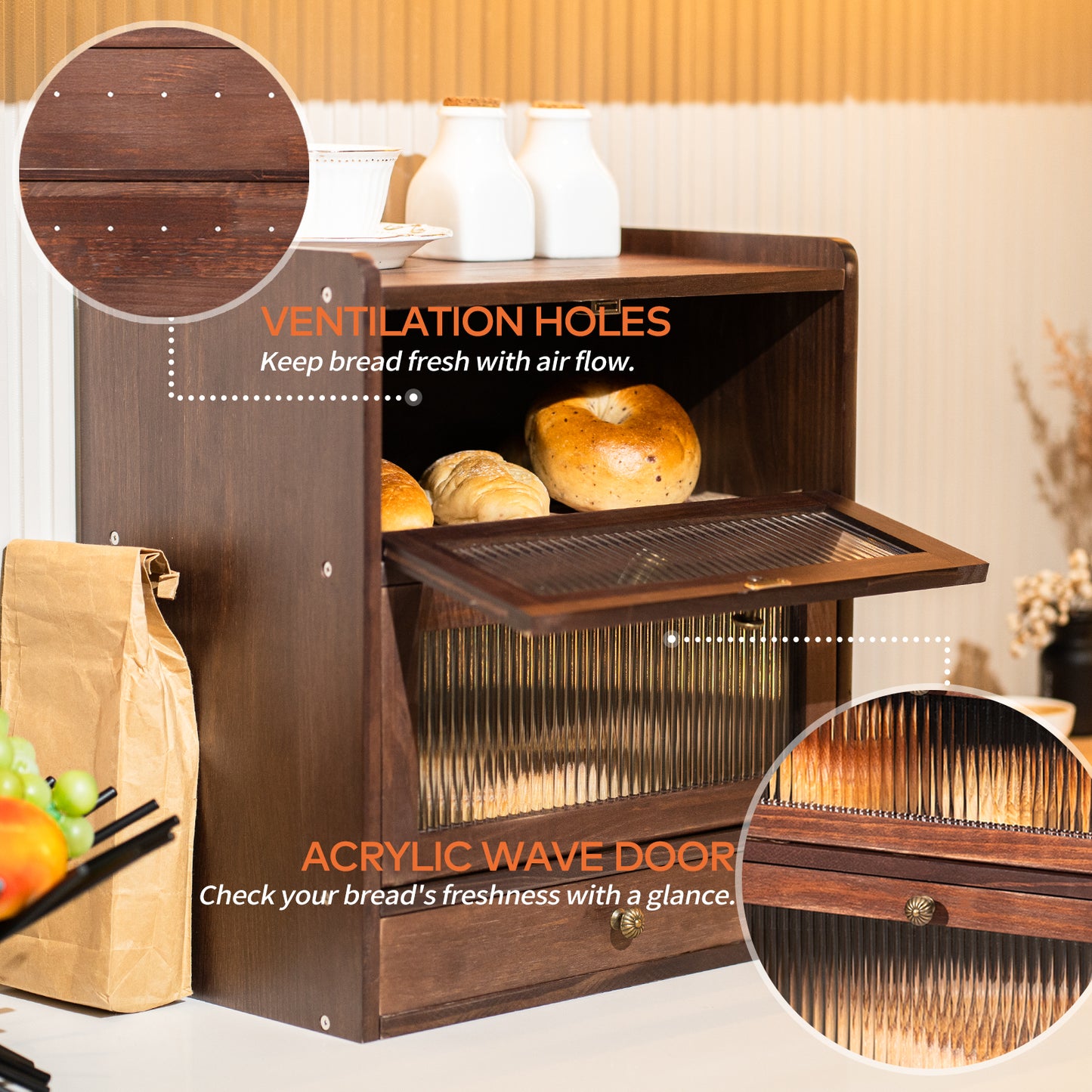 CheerNest Solid Wood Bread Box for Kitchen Countertop with Drawer, 2-Tier Large Wooden Bread Storage Bin with Cutlery Organizer, Farmhouse Bread Keeper for Homemade Bread, Brown (50 Deli Papers)