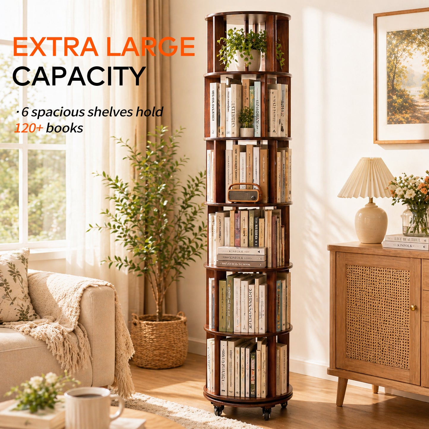 CheerNest 6 Tier Solid Wood Rotating Bookshelf Tower, 360° Spinning Bookshelf with Lockable Wheels for Small Spaces, Corner Tall Floor Standing Round Bookcase for Bedroom, Study, Living Room, Walnut