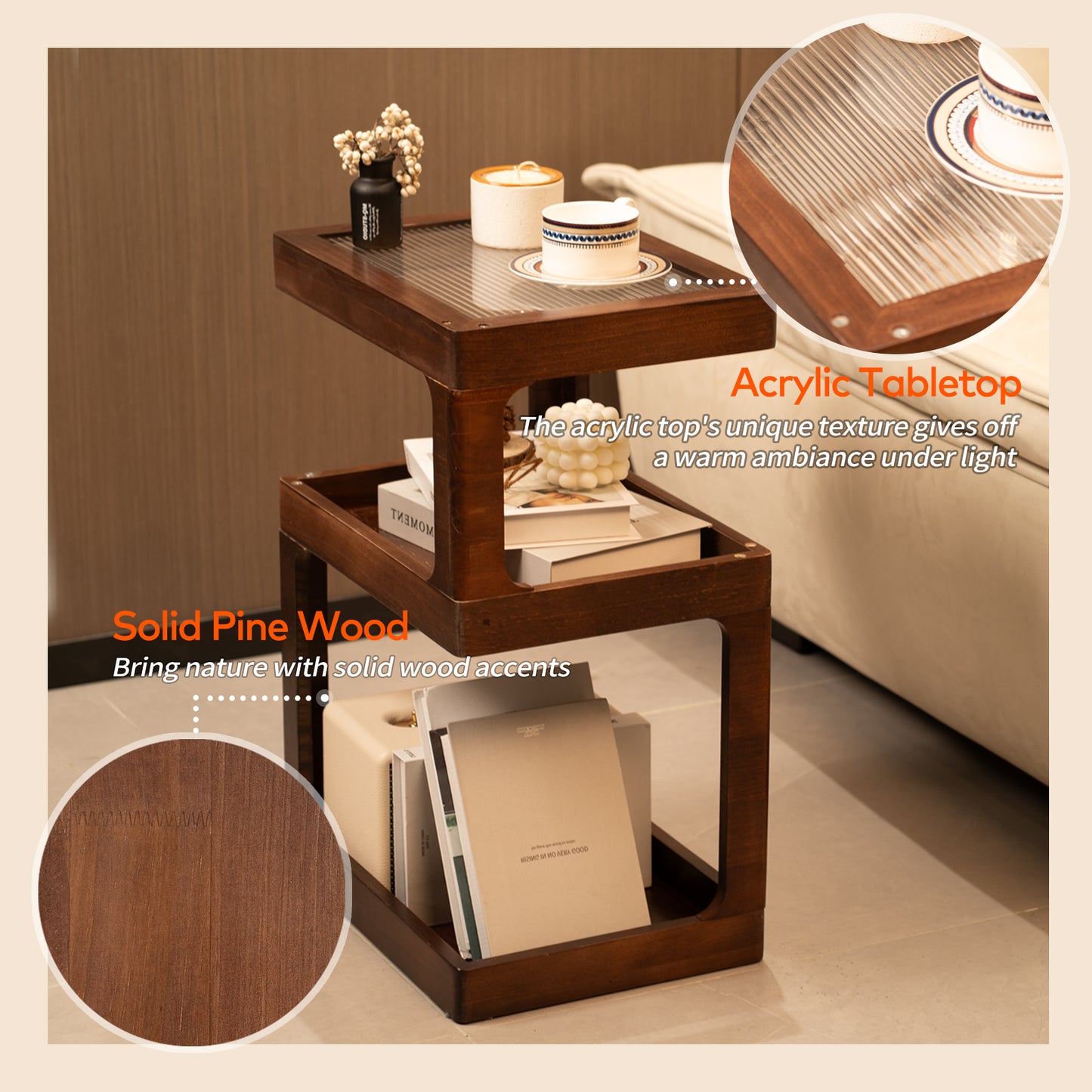 CheerNest Solid Wood Side Table for Living Room, Narrow 3-Tier End Table with Fluted Acrylic Top, Retro Geometric Accent Table with Open Storage for Couch & Small Spaces, Brown (100% Pine)