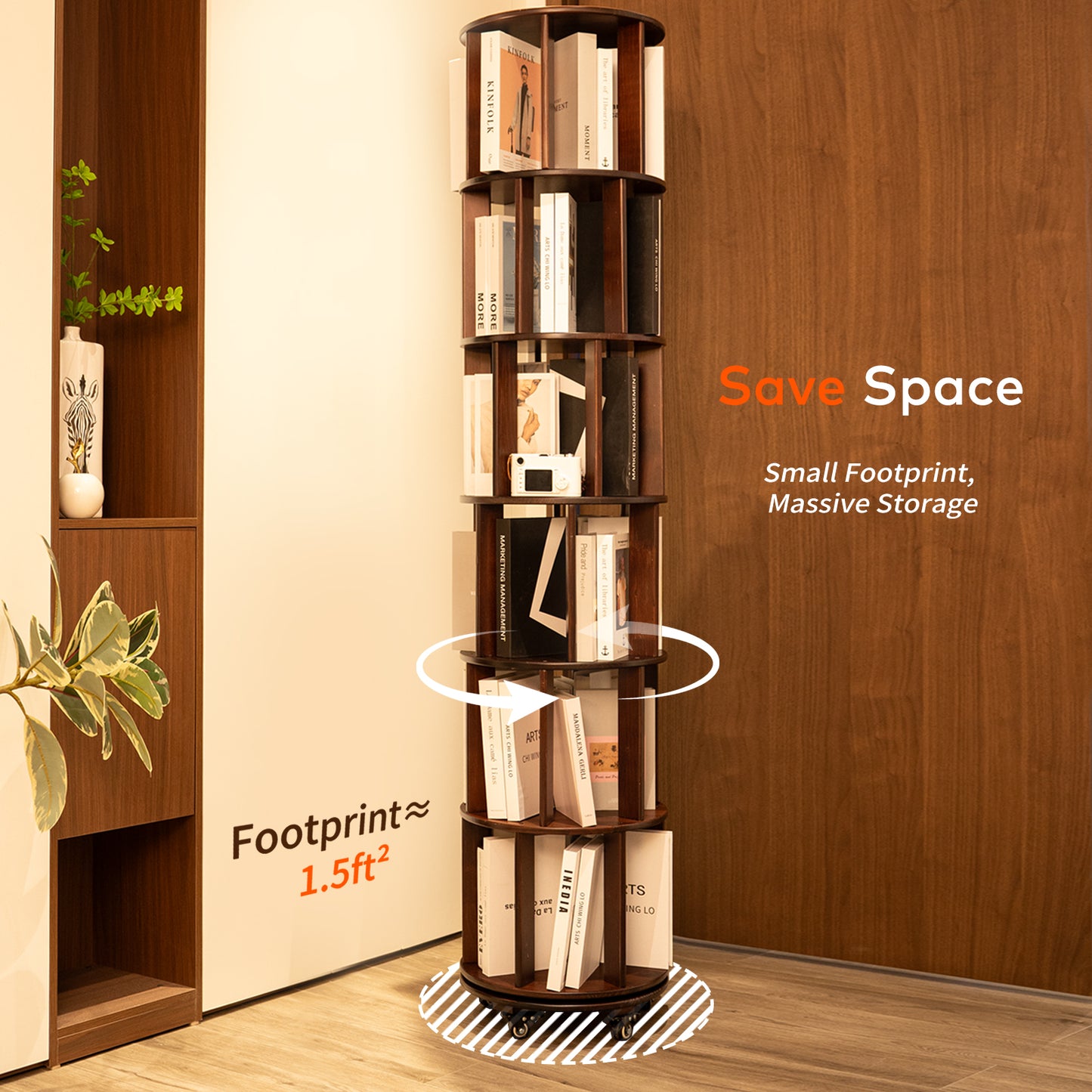 CheerNest 6 Tier Solid Wood Rotating Bookshelf Tower, 360° Spinning Bookshelf with Lockable Wheels for Small Spaces, Corner Tall Floor Standing Round Bookcase for Bedroom, Study, Living Room, Walnut