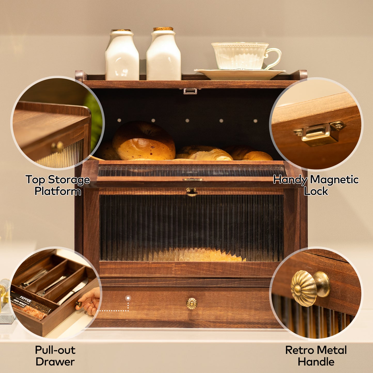 CheerNest Solid Wood Bread Box for Kitchen Countertop with Drawer, 2-Tier Large Wooden Bread Storage Bin with Cutlery Organizer, Farmhouse Bread Keeper for Homemade Bread, Brown (50 Deli Papers)