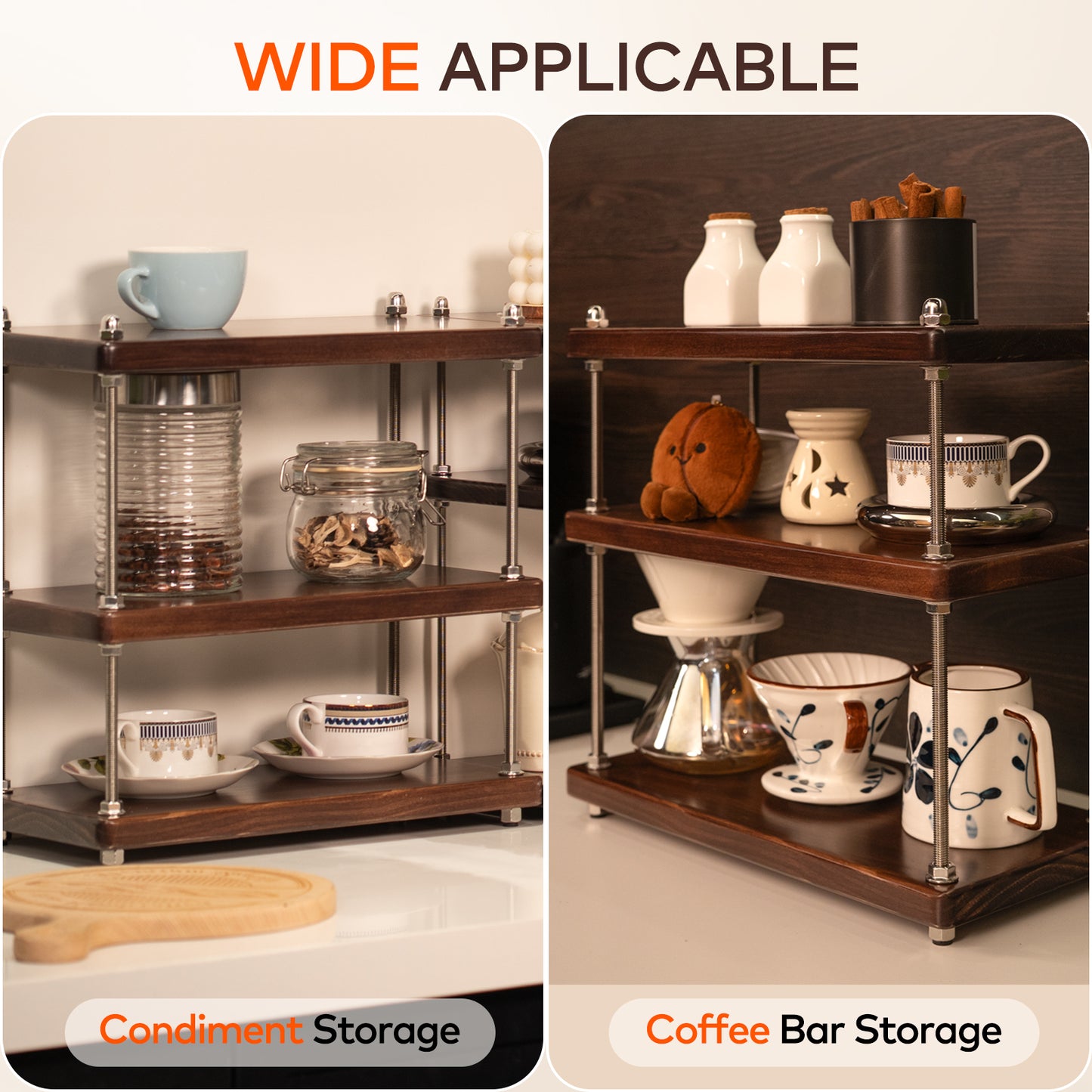 CheerNest Ultra-Thick 24mm Solid Wood Coffee Station Organizer&Spice Rack for Kitchen Countertop, Corner Industrial 3-Tier Adjustable Shelf with 10mm 304 Thread Rods for Espresso Gear, Walnut Finish