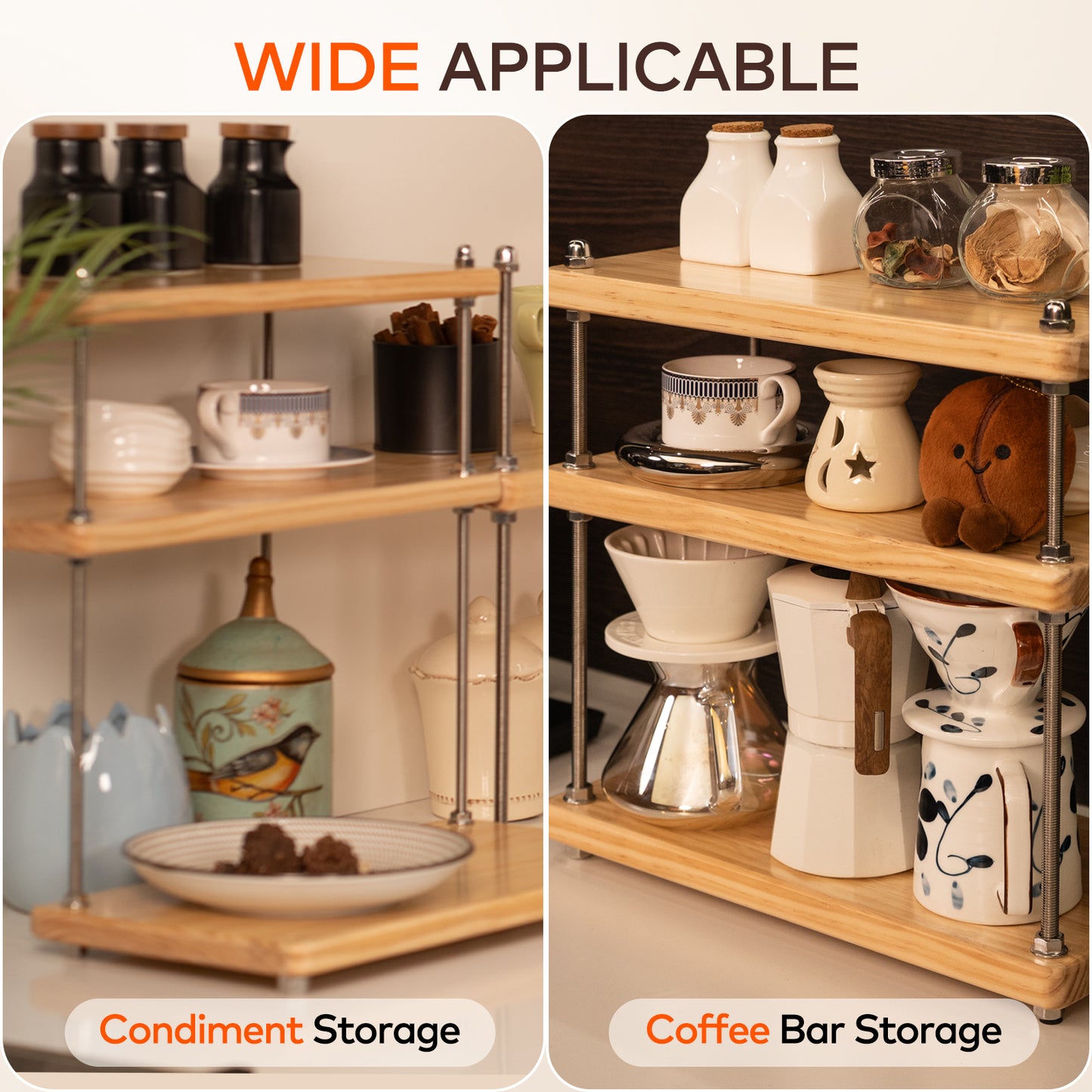 CheerNest Ultra-Thick 24mm Solid Wood Coffee Station Organizer&Spice Rack for Kitchen Countertop, Corner Industrial 3-Tier Adjustable Shelf with 10mm 304 Thread Rods for Heavy Espresso Gear, Natural