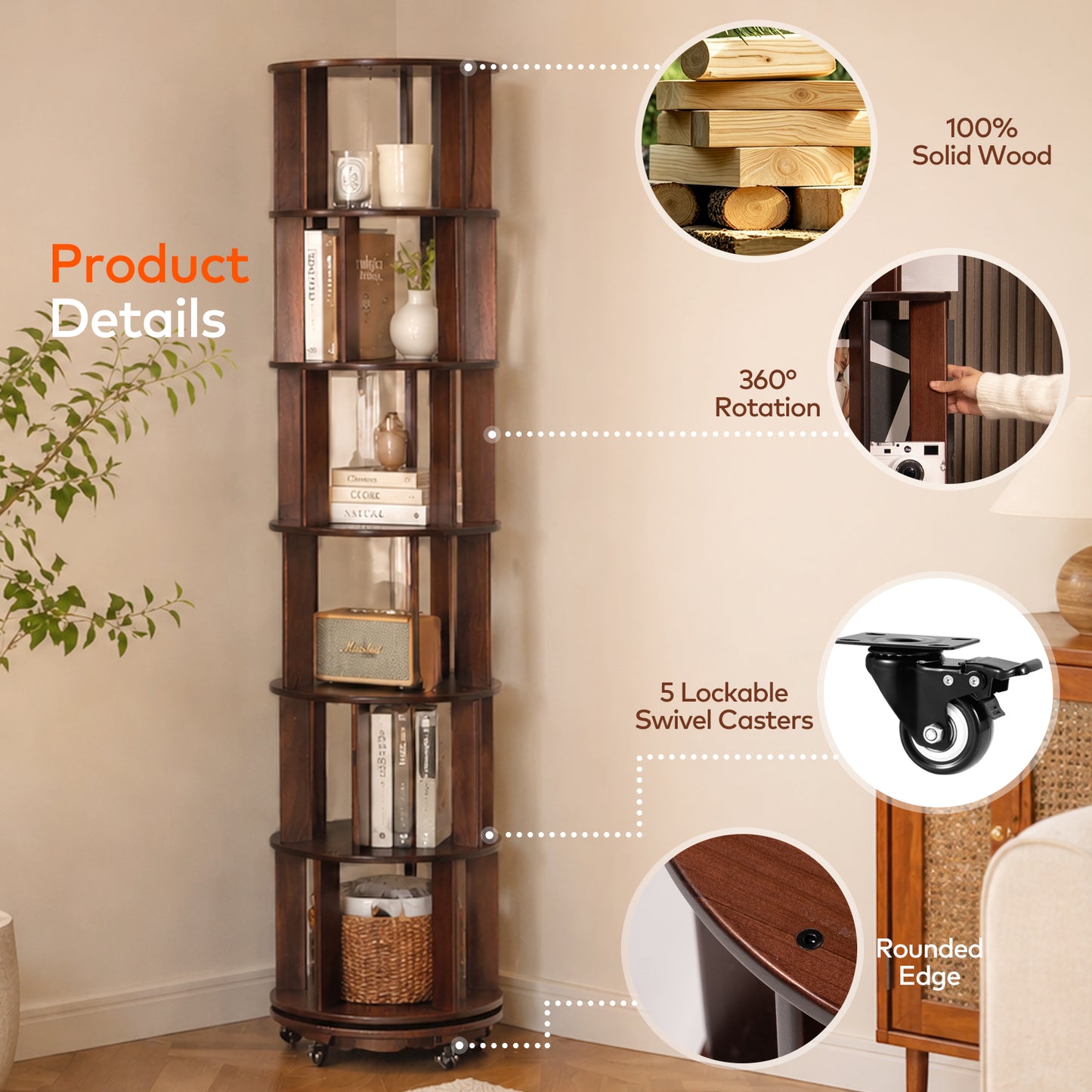 CheerNest 6 Tier Solid Wood Rotating Bookshelf Tower, 360° Spinning Bookshelf with Lockable Wheels for Small Spaces, Corner Tall Floor Standing Round Bookcase for Bedroom, Study, Living Room, Walnut