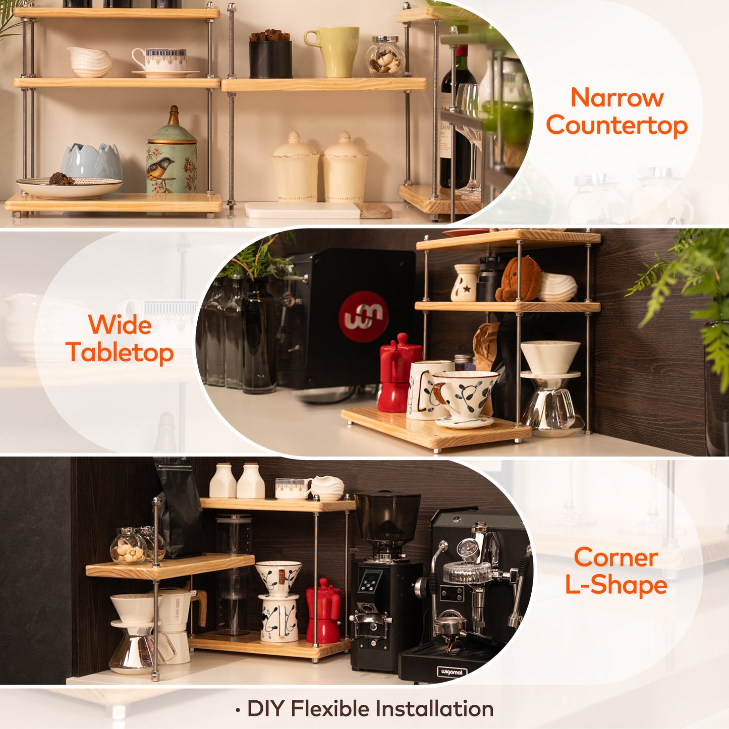CheerNest Ultra-Thick 24mm Solid Wood Coffee Station Organizer&Spice Rack for Kitchen Countertop, Corner Industrial 3-Tier Adjustable Shelf with 10mm 304 Thread Rods for Heavy Espresso Gear, Natural