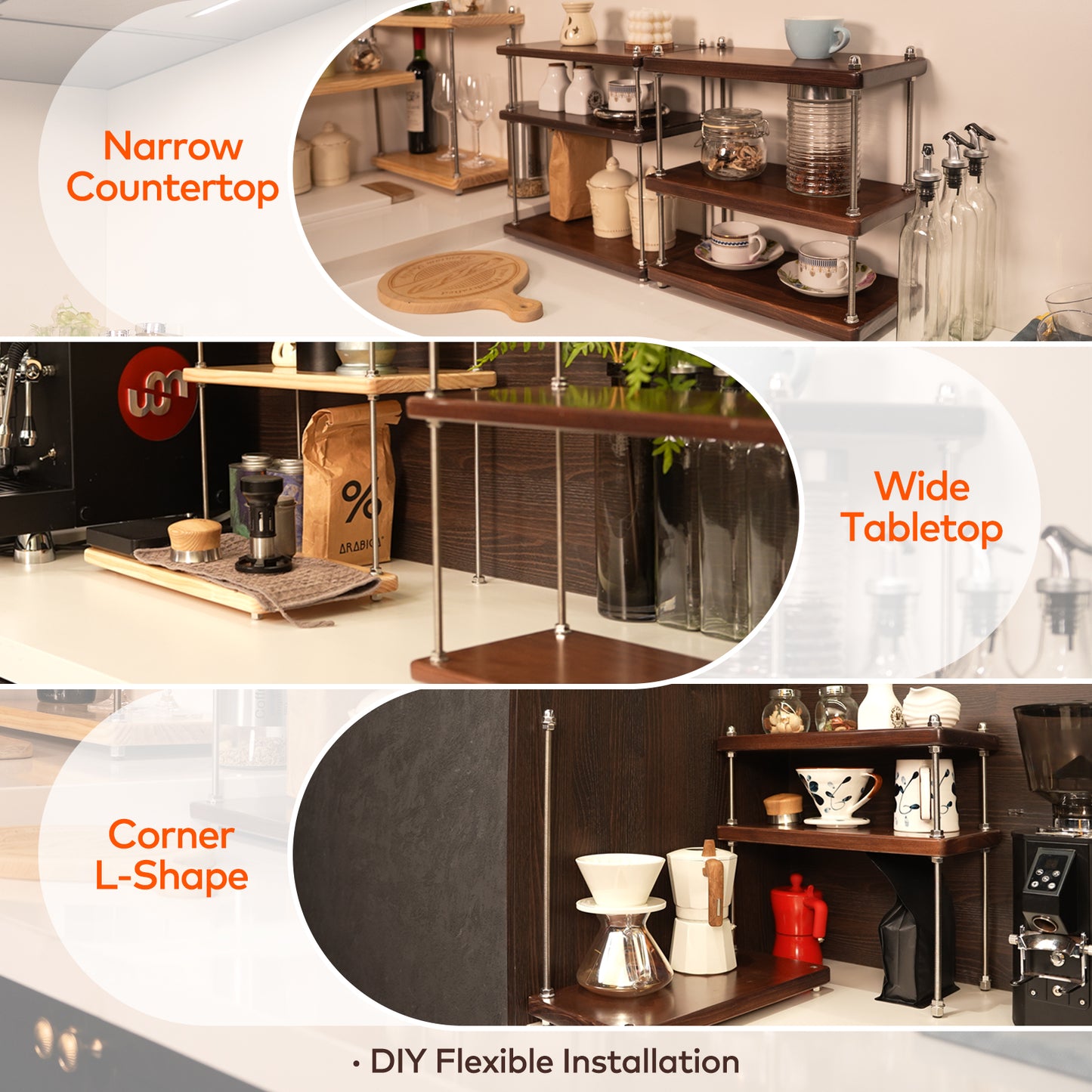 CheerNest Solid Wood Coffee Station Organizer & Spice Rack for Kitchen Countertop, Corner 3 Tier Industrial Heavy-duty Adjustable Shelf with 304 Thread Rod for Coffee Bar Accessories, Walnut Finish