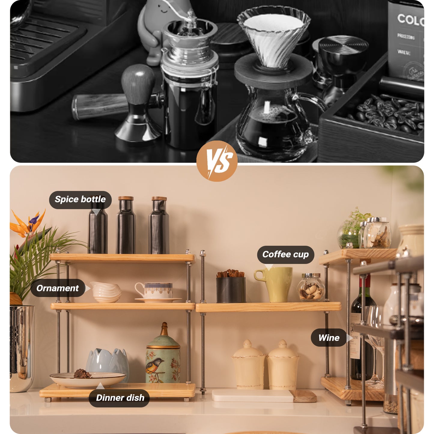 CheerNest Ultra-Thick 24mm Solid Wood Coffee Station Organizer&Spice Rack for Kitchen Countertop, Corner Industrial 3-Tier Adjustable Shelf with 10mm 304 Thread Rods for Heavy Espresso Gear, Natural