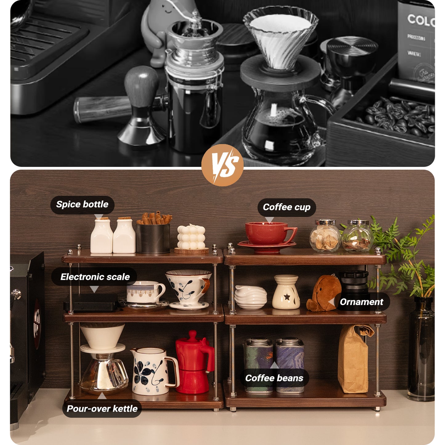 CheerNest Ultra-Thick 24mm Solid Wood Coffee Station Organizer&Spice Rack for Kitchen Countertop, Corner Industrial 3-Tier Adjustable Shelf with 10mm 304 Thread Rods for Espresso Gear, Walnut Finish