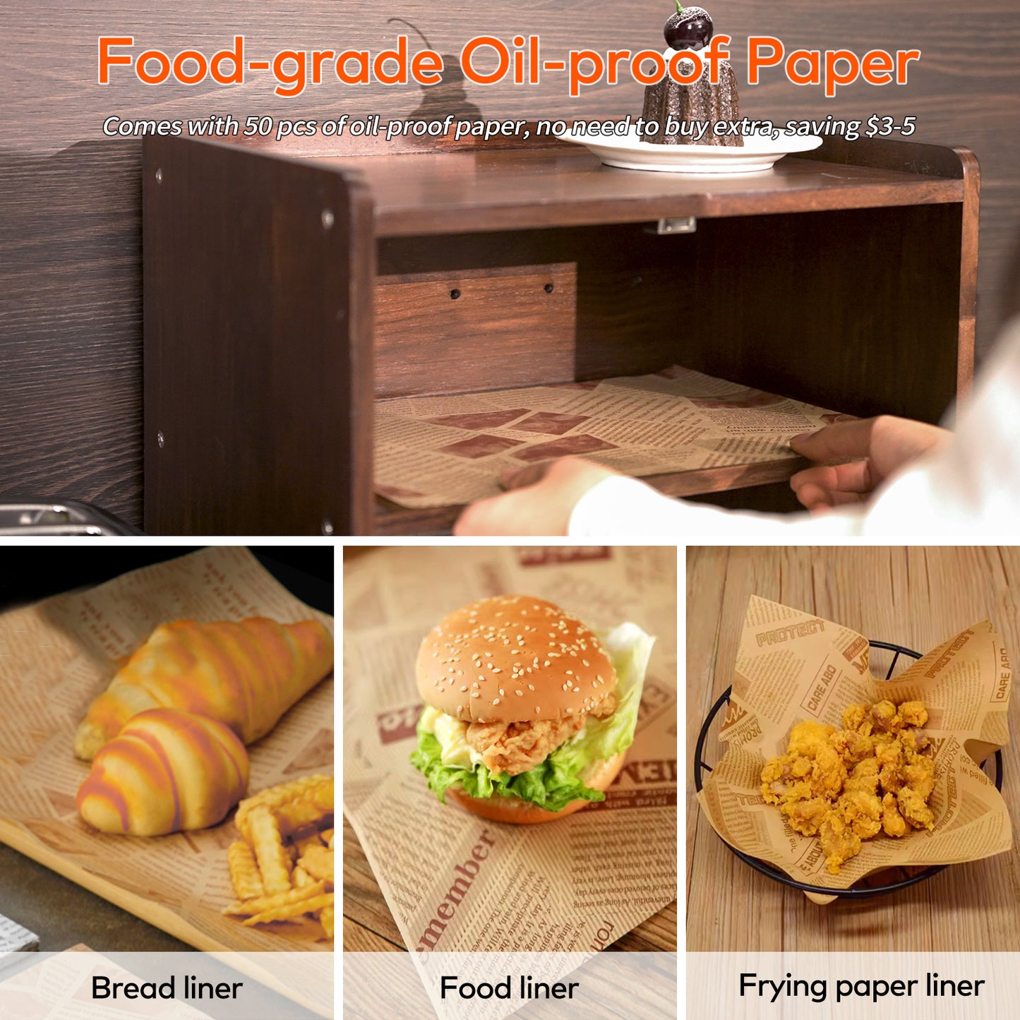 CheerNest Solid Wood Bread Box for Kitchen Countertop with 50 Deli Papers, Double Layer Large Capacity Wooden Breadbox Container Storage Bin, Vintage Farmhouse Bread Keeper, Brown