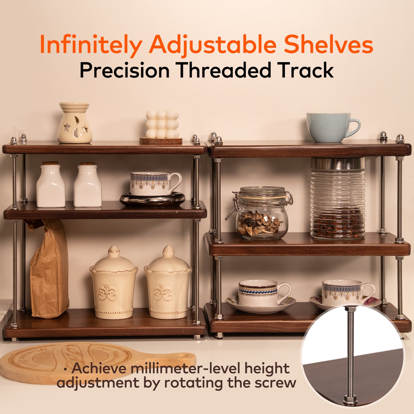 CheerNest Ultra-Thick 24mm Solid Wood Coffee Station Organizer&Spice Rack for Kitchen Countertop, Corner Industrial 3-Tier Adjustable Shelf with 10mm 304 Thread Rods for Espresso Gear, Walnut Finish