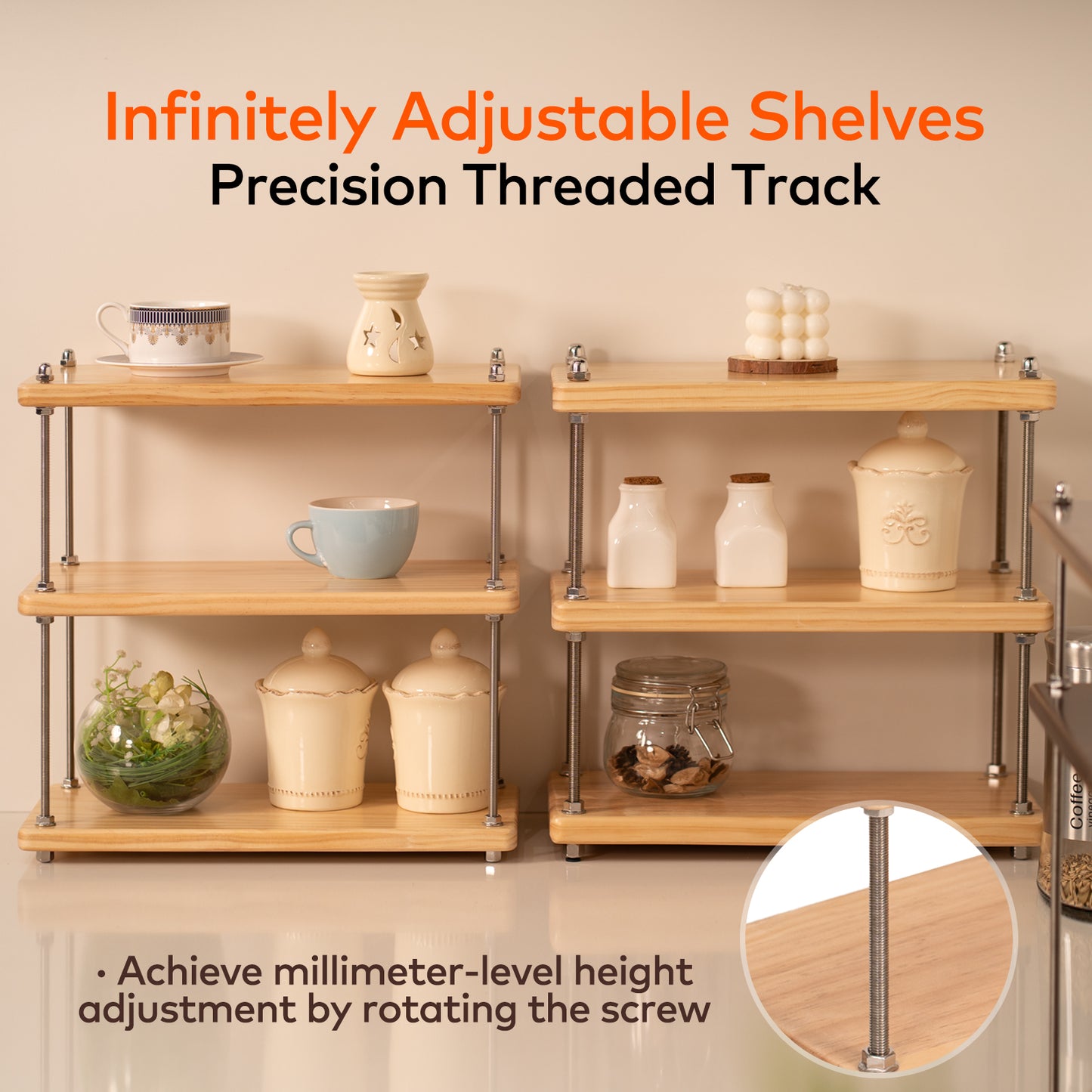 CheerNest Ultra-Thick 24mm Solid Wood Coffee Station Organizer&Spice Rack for Kitchen Countertop, Corner Industrial 3-Tier Adjustable Shelf with 10mm 304 Thread Rods for Heavy Espresso Gear, Natural