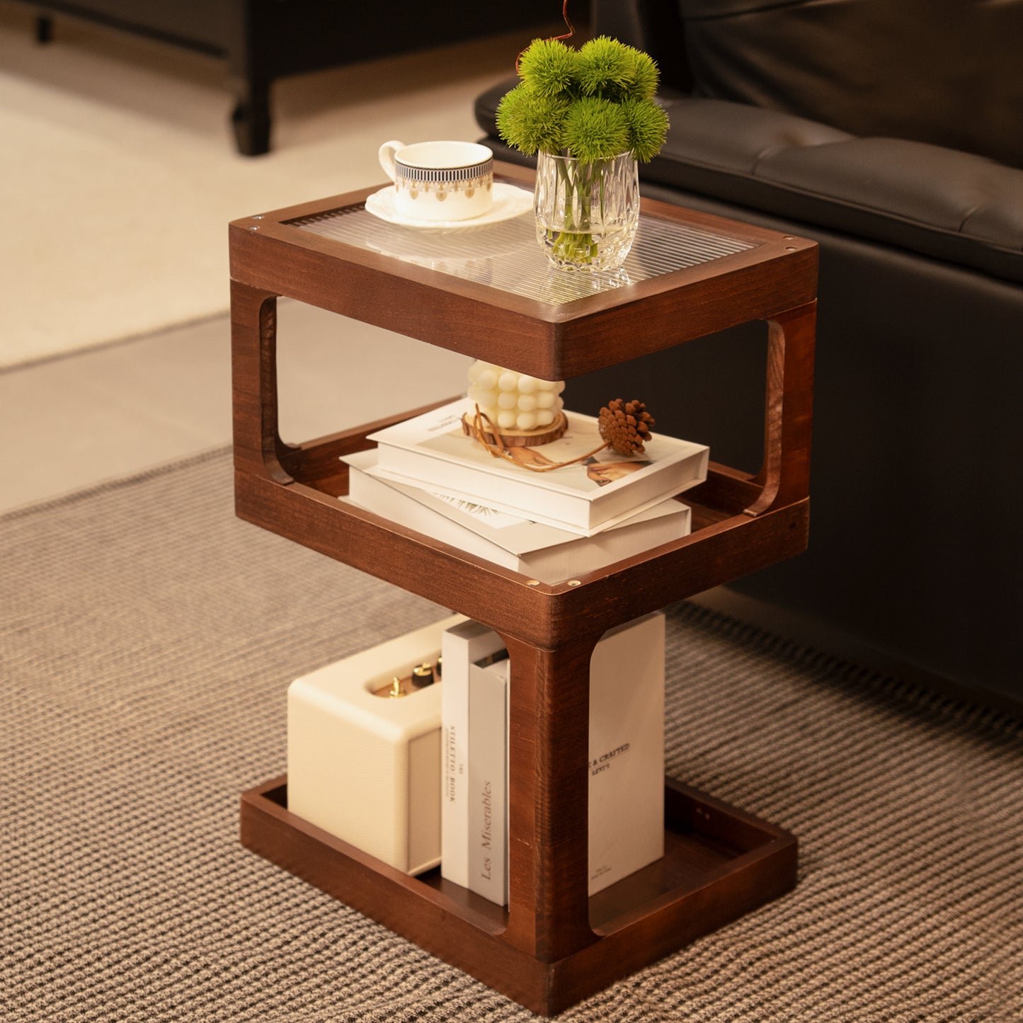 CheerNest Solid Wood Side Table for Living Room, Narrow 3-Tier End Table with Fluted Acrylic Top, Retro Geometric Accent Table with Open Storage for Couch & Small Spaces, Brown (100% Pine)
