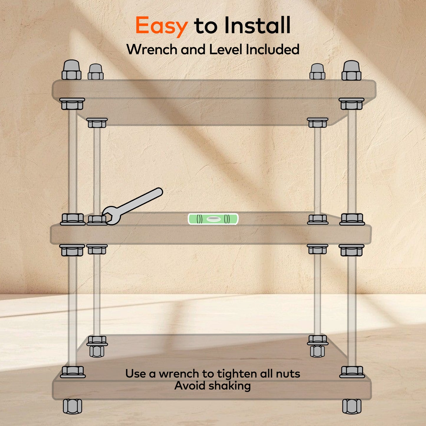 CheerNest Ultra-Thick 24mm Solid Wood Coffee Station Organizer&Spice Rack for Kitchen Countertop, Corner Industrial 3-Tier Adjustable Shelf with 10mm 304 Thread Rods for Heavy Espresso Gear, Natural