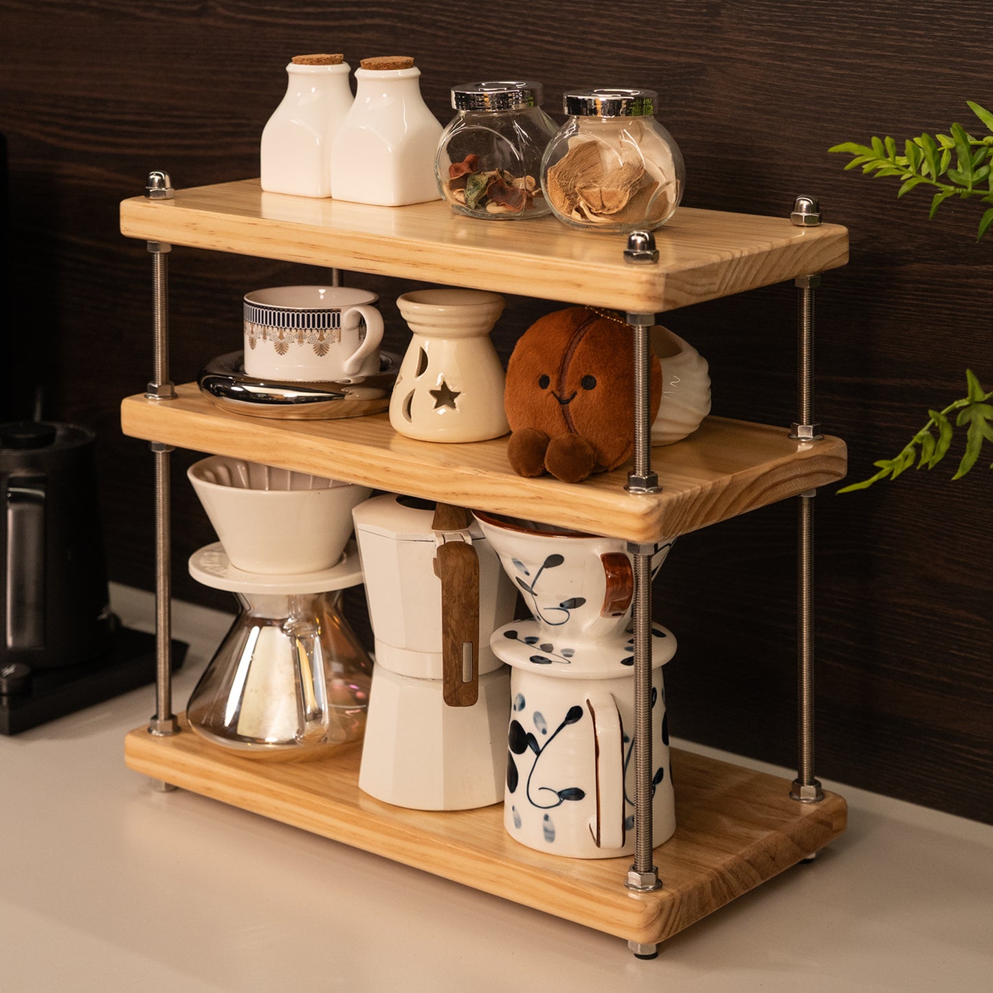 CheerNest Ultra-Thick 24mm Solid Wood Coffee Station Organizer&Spice Rack for Kitchen Countertop, Corner Industrial 3-Tier Adjustable Shelf with 10mm 304 Thread Rods for Heavy Espresso Gear, Natural