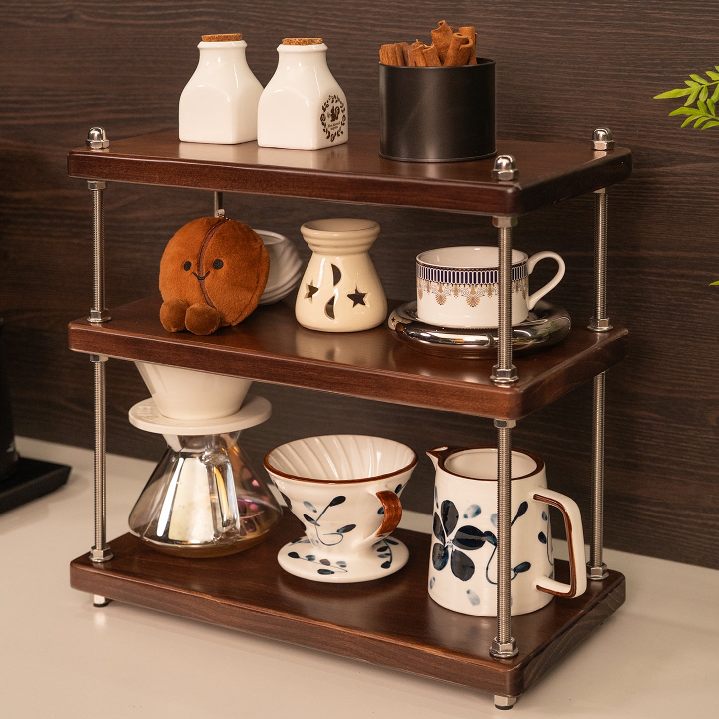 CheerNest Ultra-Thick 24mm Solid Wood Coffee Station Organizer&Spice Rack for Kitchen Countertop, Corner Industrial 3-Tier Adjustable Shelf with 10mm 304 Thread Rods for Espresso Gear, Walnut Finish