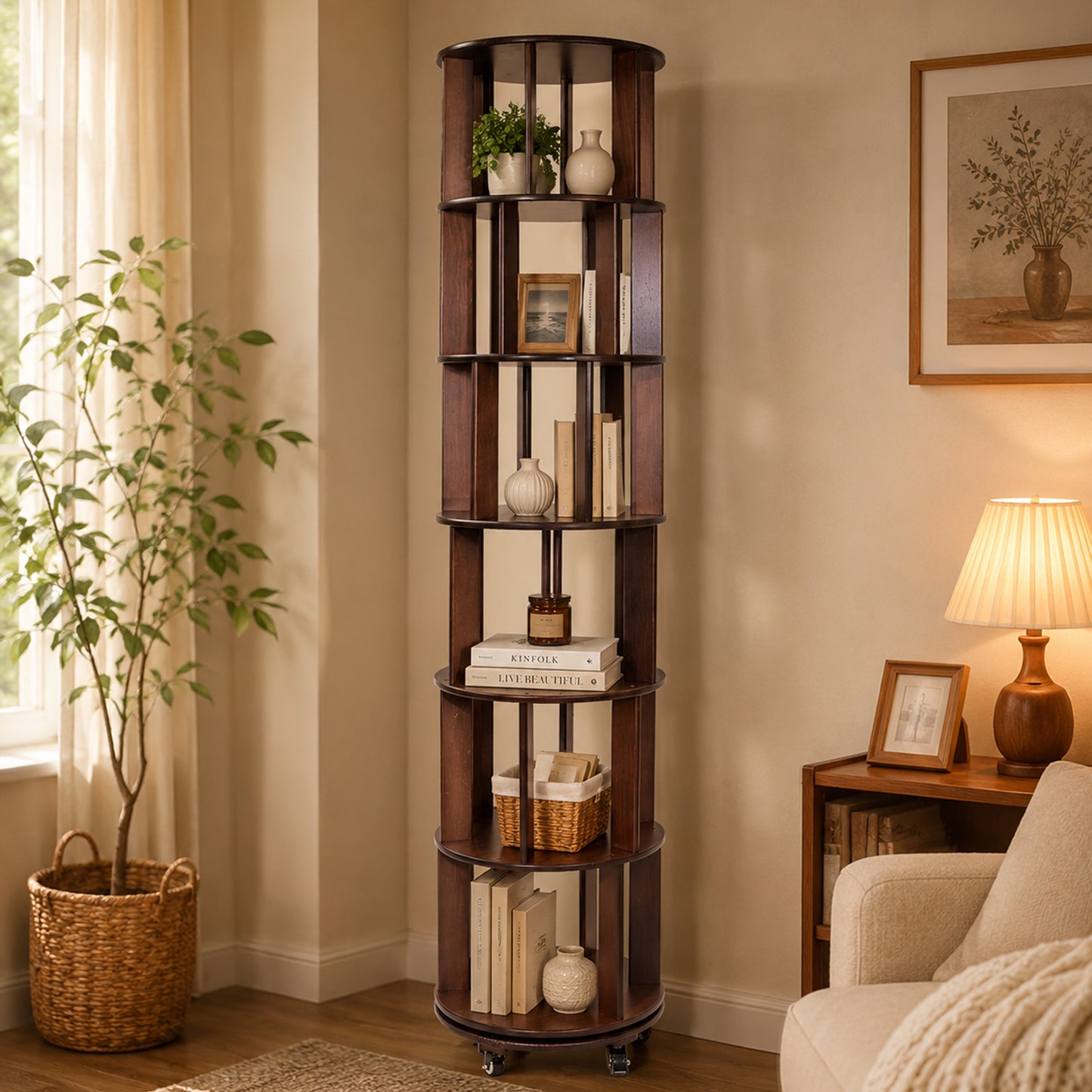 CheerNest 6 Tier Solid Wood Rotating Bookshelf Tower, 360° Spinning Bookshelf with Lockable Wheels for Small Spaces, Corner Tall Floor Standing Round Bookcase for Bedroom, Study, Living Room, Walnut