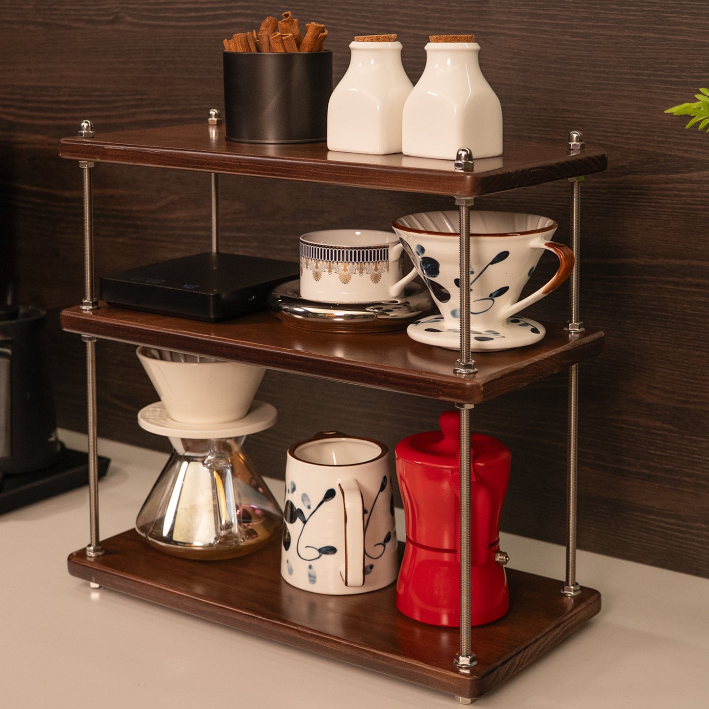 CheerNest Solid Wood Coffee Station Organizer & Spice Rack for Kitchen Countertop, Corner 3 Tier Industrial Heavy-duty Adjustable Shelf with 304 Thread Rod for Coffee Bar Accessories, Walnut Finish