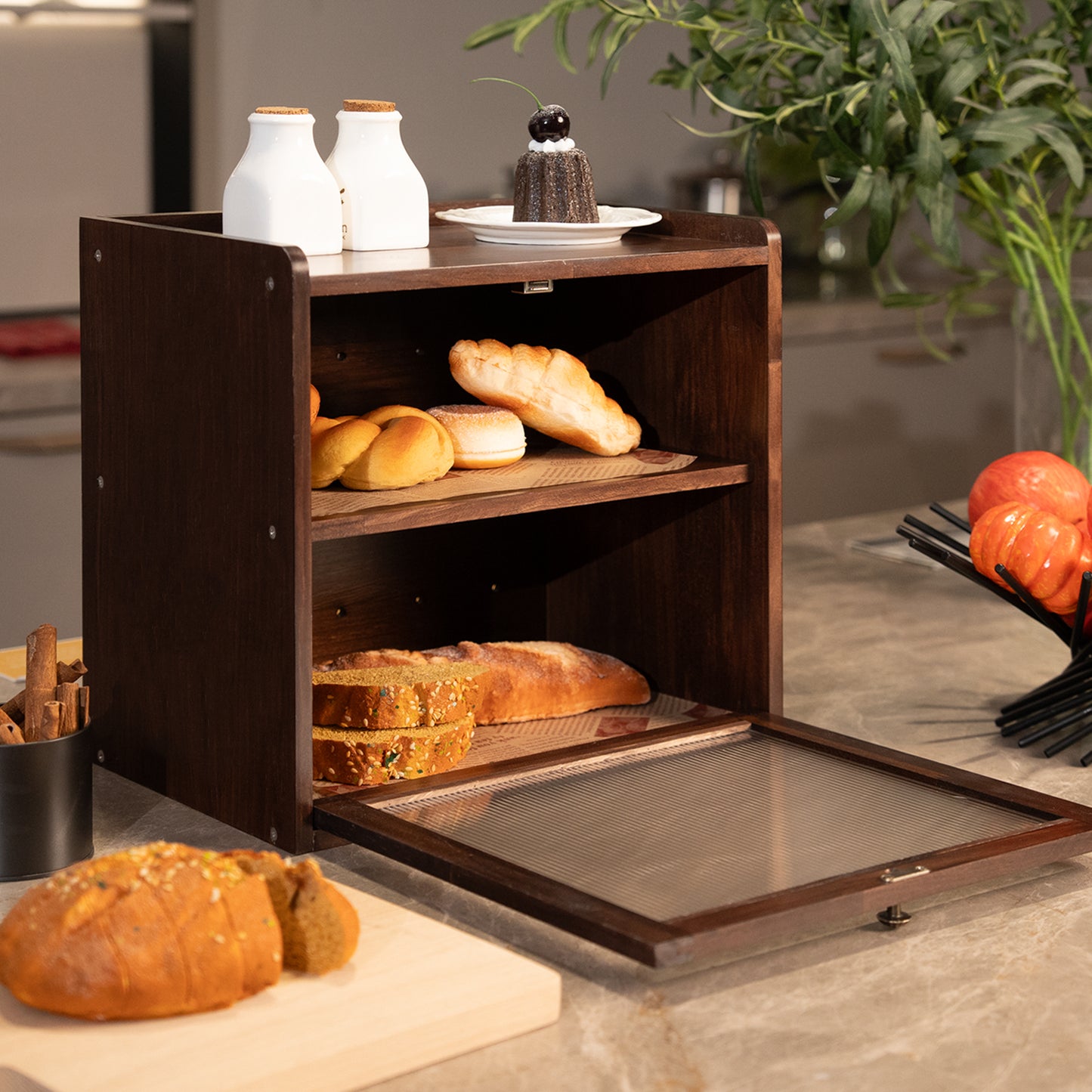 CheerNest Solid Wood Bread Box for Kitchen Countertop with 50 Deli Papers, Double Layer Large Capacity Wooden Breadbox Container Storage Bin, Vintage Farmhouse Bread Keeper, Brown