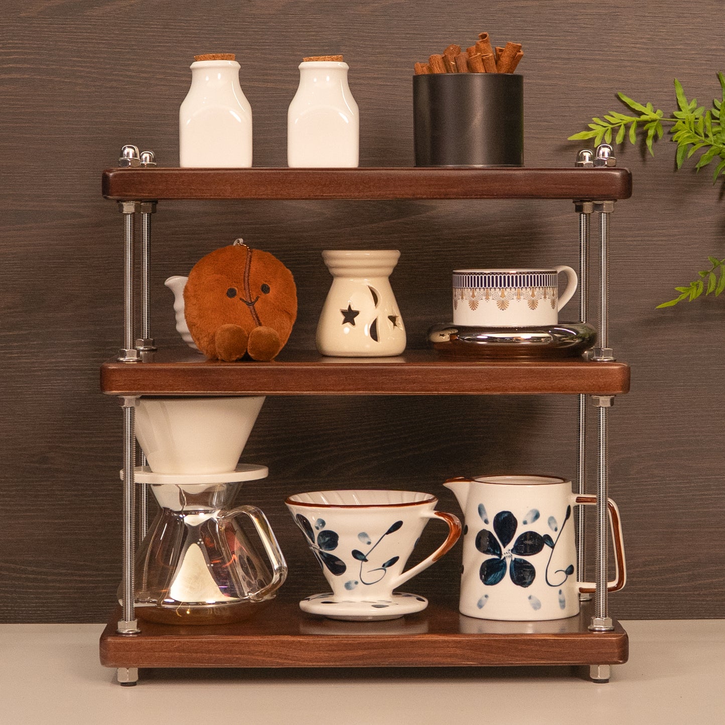 CheerNest Ultra-Thick 24mm Solid Wood Coffee Station Organizer&Spice Rack for Kitchen Countertop, Corner Industrial 3-Tier Adjustable Shelf with 10mm 304 Thread Rods for Espresso Gear, Walnut Finish