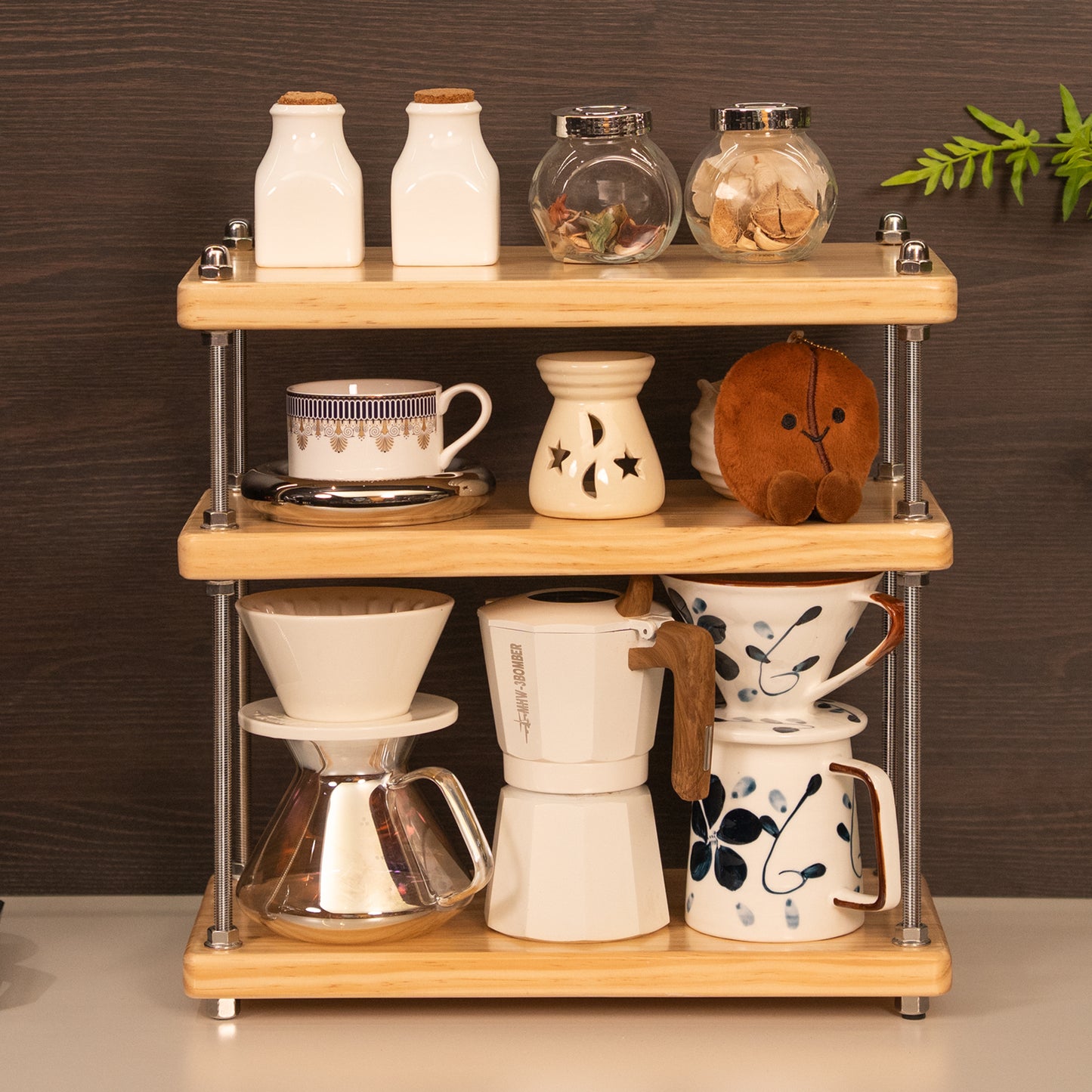 CheerNest Ultra-Thick 24mm Solid Wood Coffee Station Organizer&Spice Rack for Kitchen Countertop, Corner Industrial 3-Tier Adjustable Shelf with 10mm 304 Thread Rods for Heavy Espresso Gear, Natural